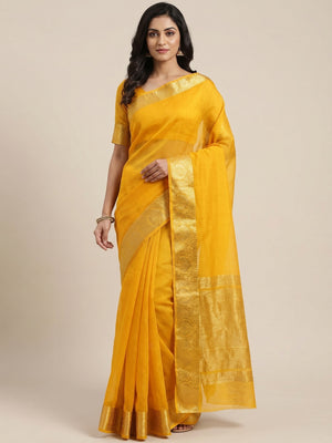 Mustard Solid Organza Saree With Zari Border - Image 1