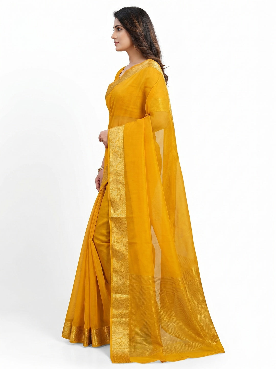 Mustard Solid Organza Saree With Zari Border - Image 4