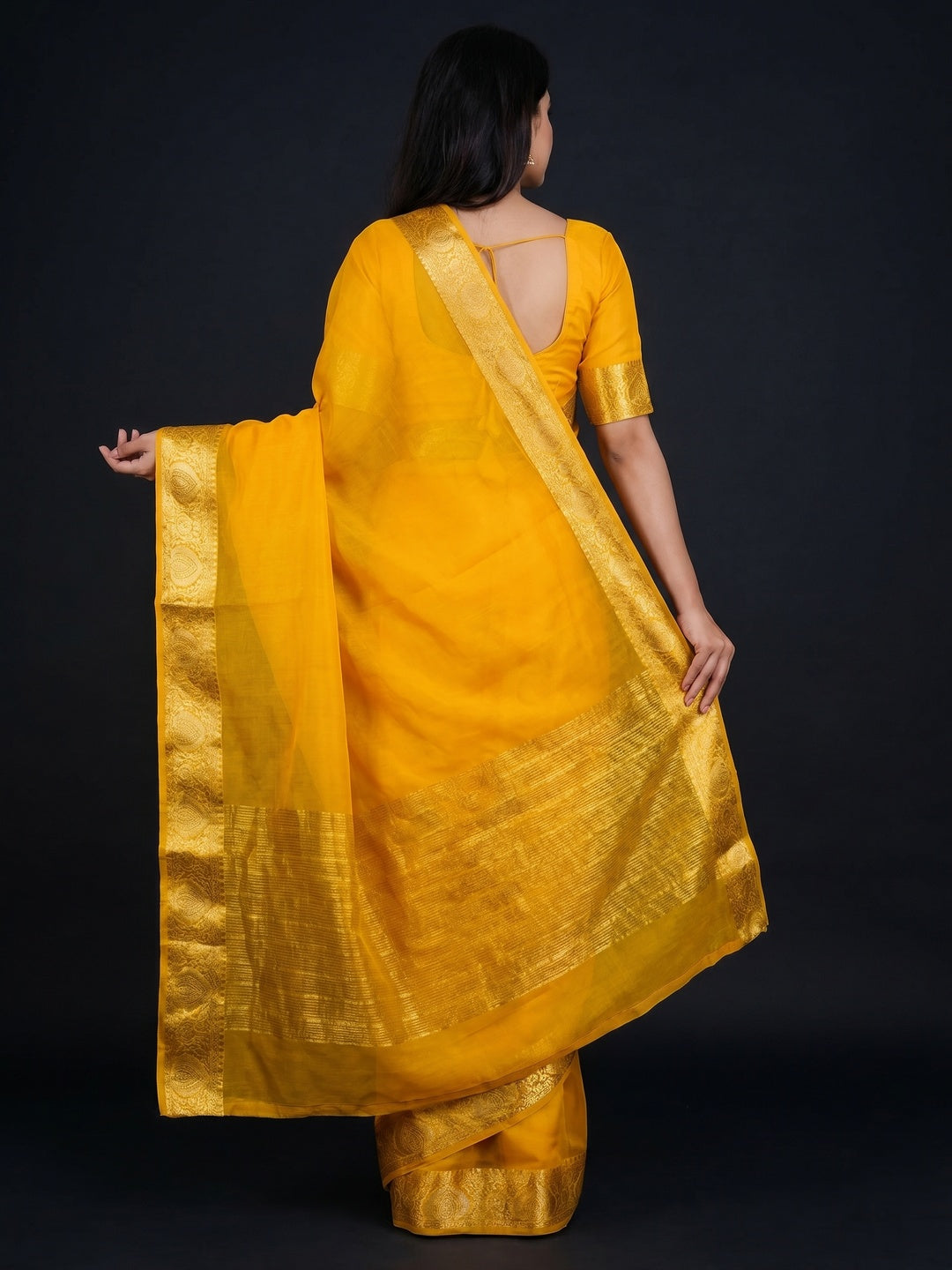 Mustard Solid Organza Saree With Zari Border - Image 3