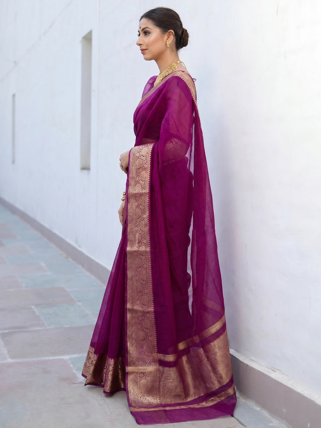 Dark Purple Solid Organza Saree With Zari Border - Image 1