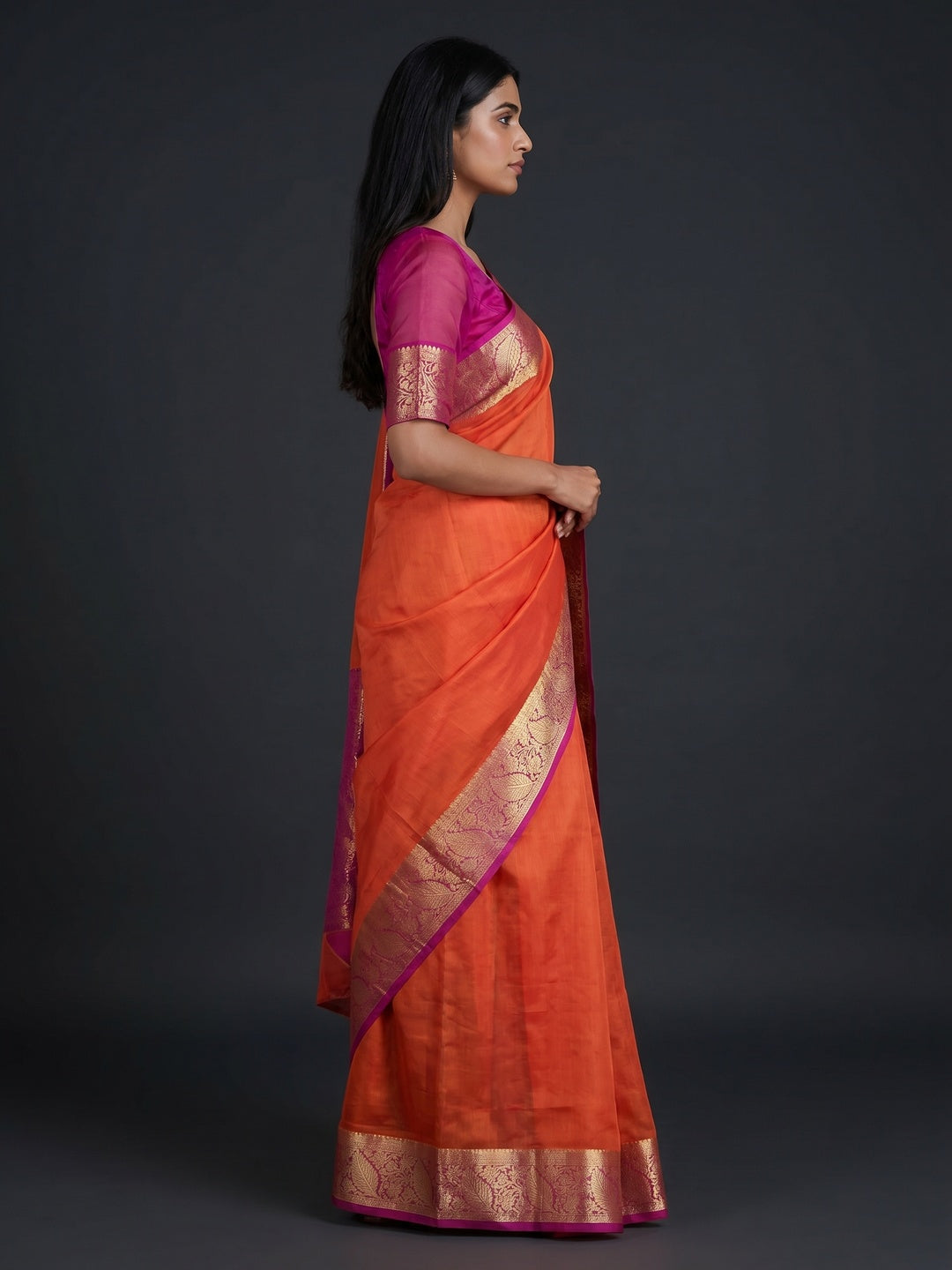 Orange Solid Organza Saree With Zari Border - Image 3