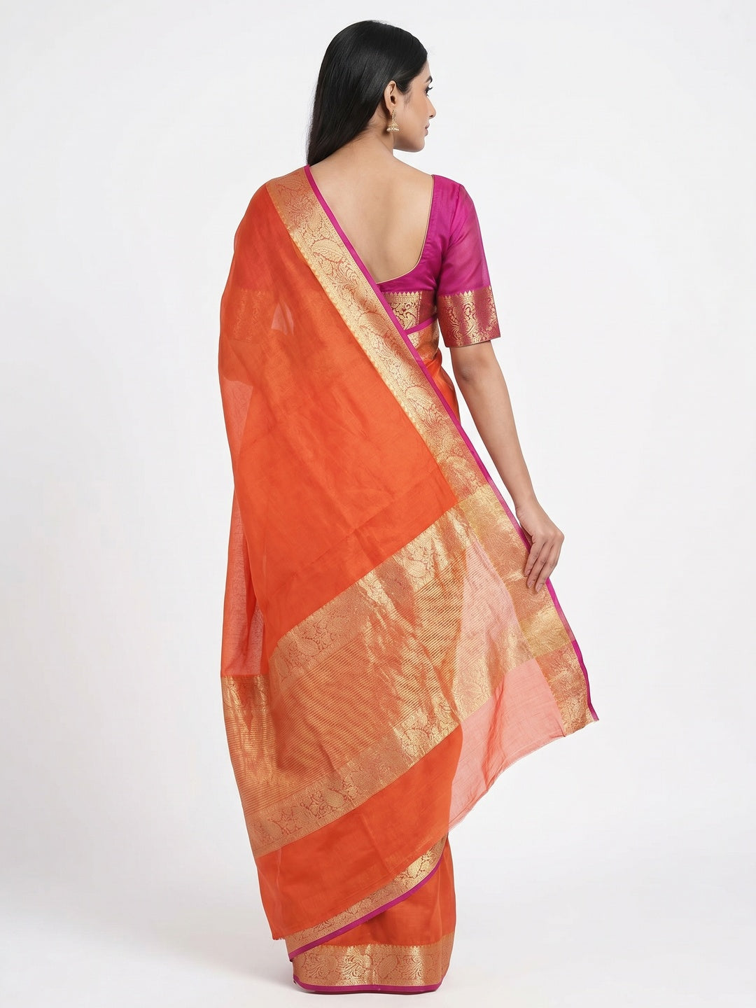 Orange Solid Organza Saree With Zari Border - Image 2
