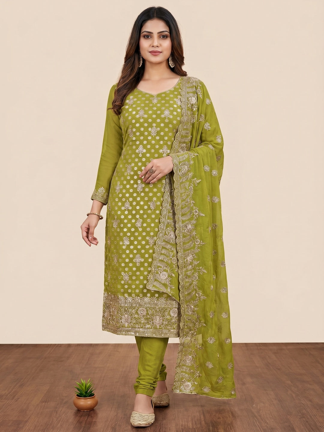 Mehendi Green Floral Embroidered With Woven Georgette Dress Material - Image 1