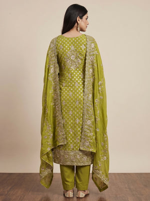 Mehendi Green Floral Embroidered With Woven Georgette Dress Material - Image 2