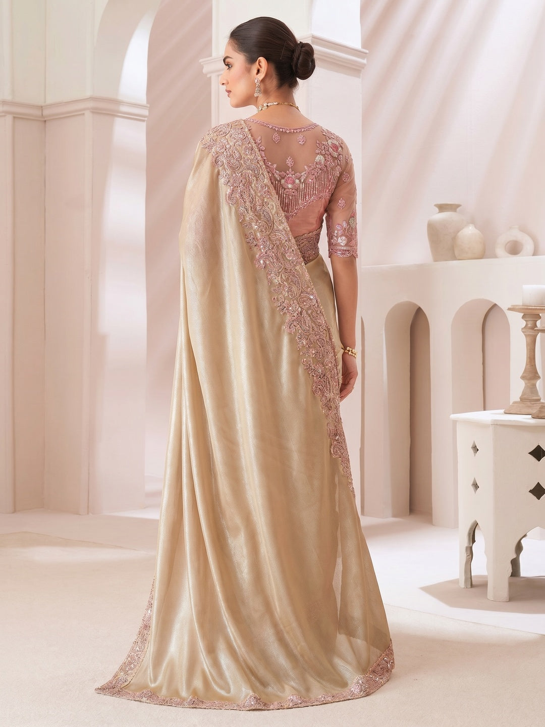 Beige Embroidered Chiffon Saree - Image 2
