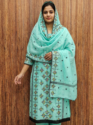 Turquoise Embroidered Chanderi Cotton Dress Material - Image 1