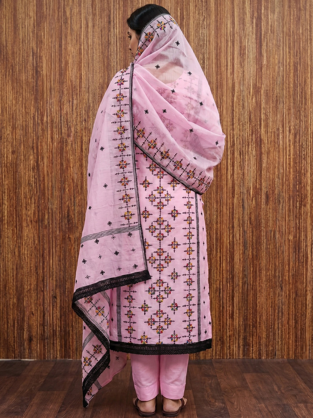 Pink Embroidered Chanderi Cotton Dress Material - Image 2