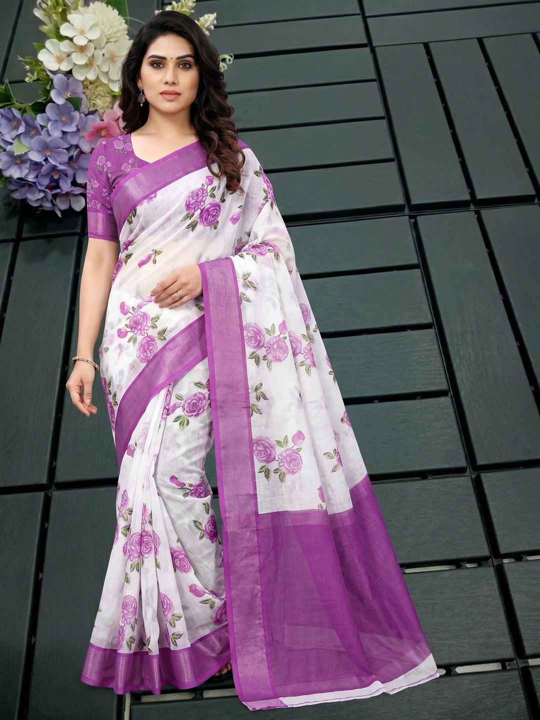 White & Purple Floral Printed Linen Saree - Image 1