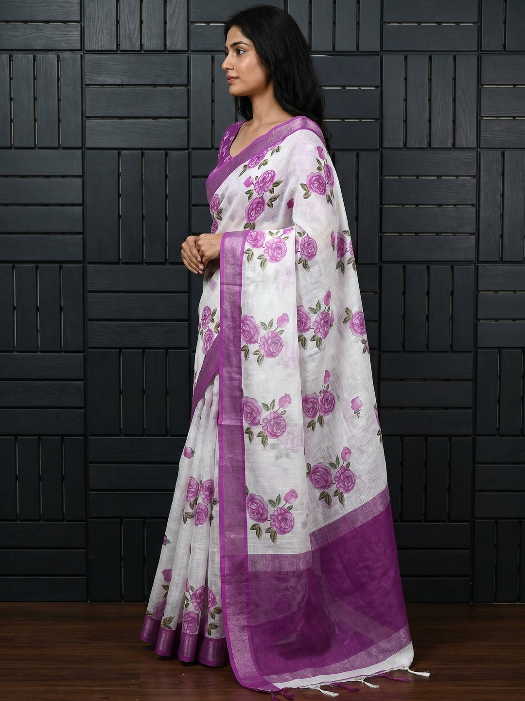 White & Purple Floral Printed Linen Saree - Image 3