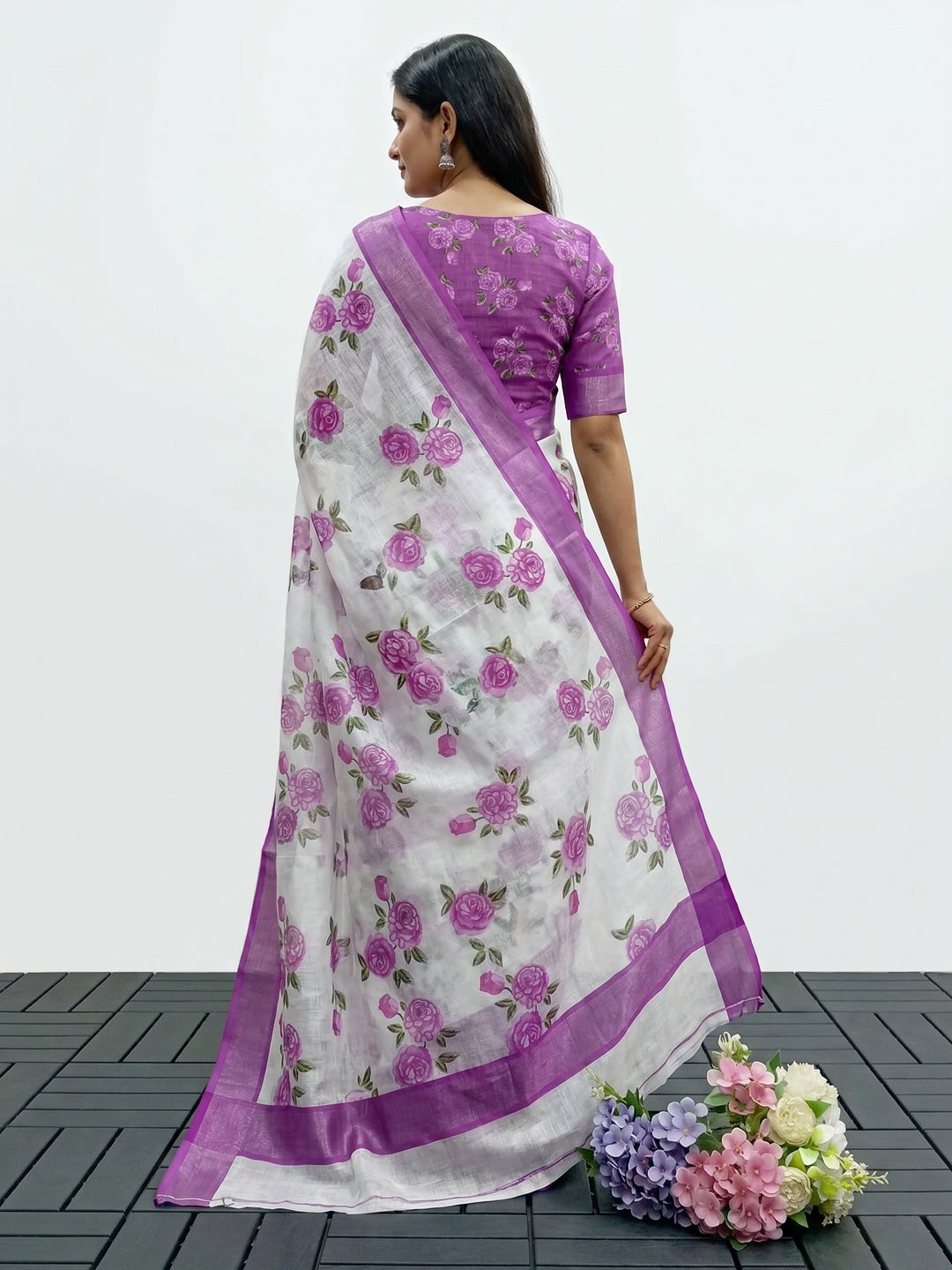 White & Purple Floral Printed Linen Saree - Image 2