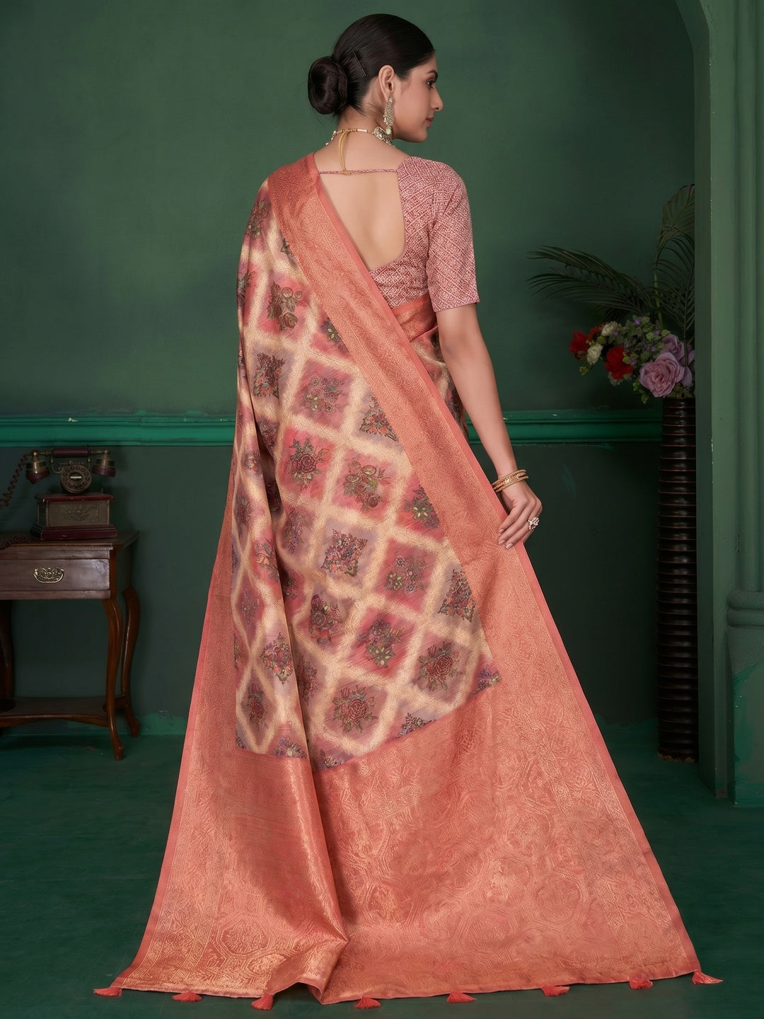 Peach Woven With Floral Digital Printed Cotton Saree - Image 2