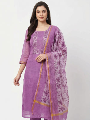 Purple Floral Embroidered Kota Doria Dress Material - Image 1
