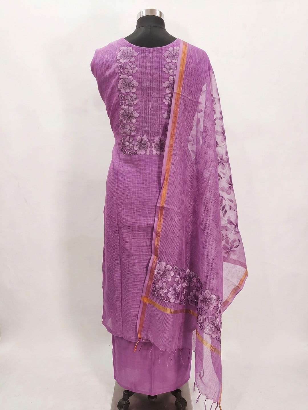 Purple Floral Embroidered Kota Doria Dress Material - Image 3