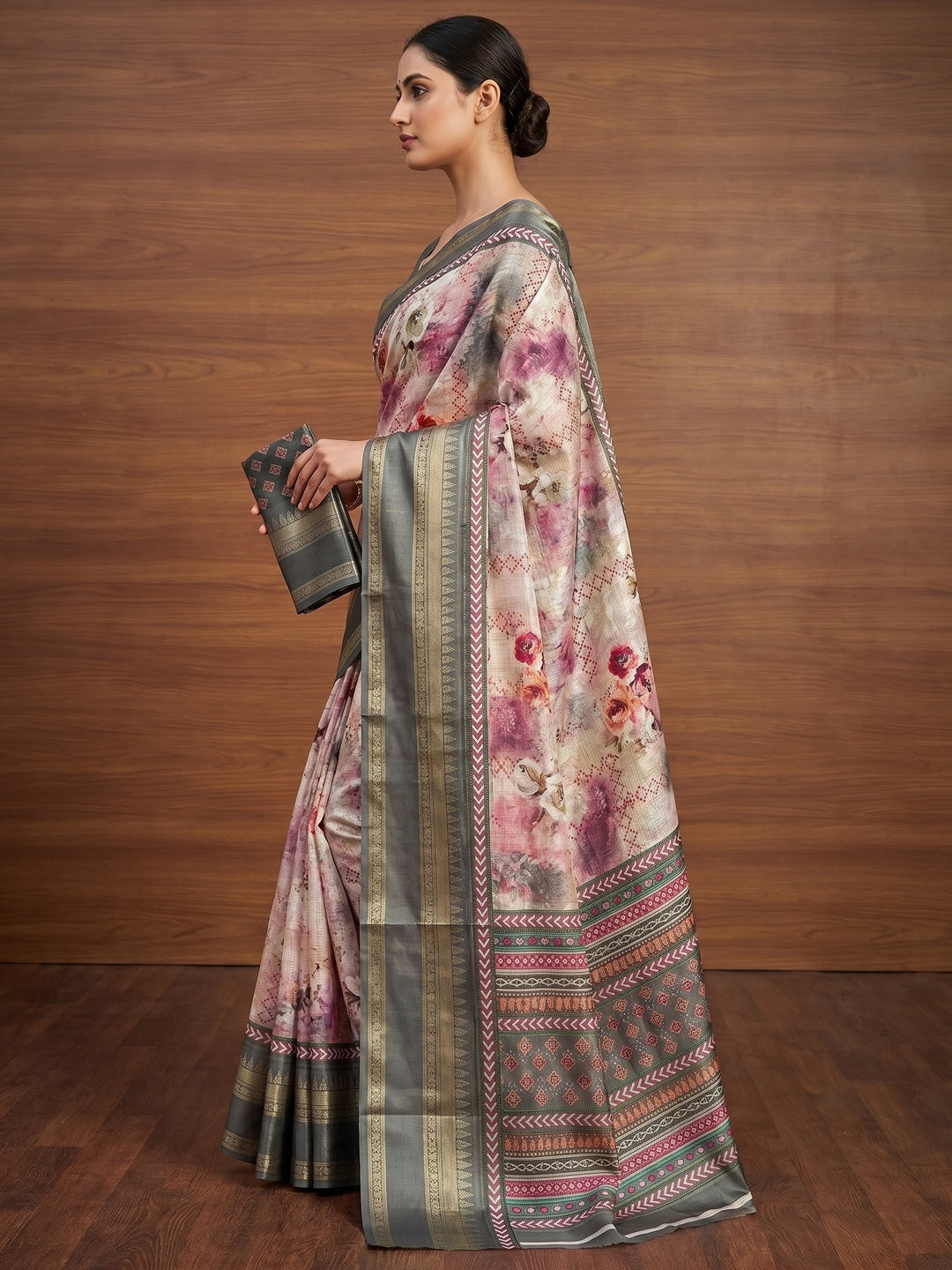 Light Grey Floral Digital Printed Cotton Silk Saree - Image 3