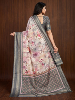 Light Grey Floral Digital Printed Cotton Silk Saree - Image 2