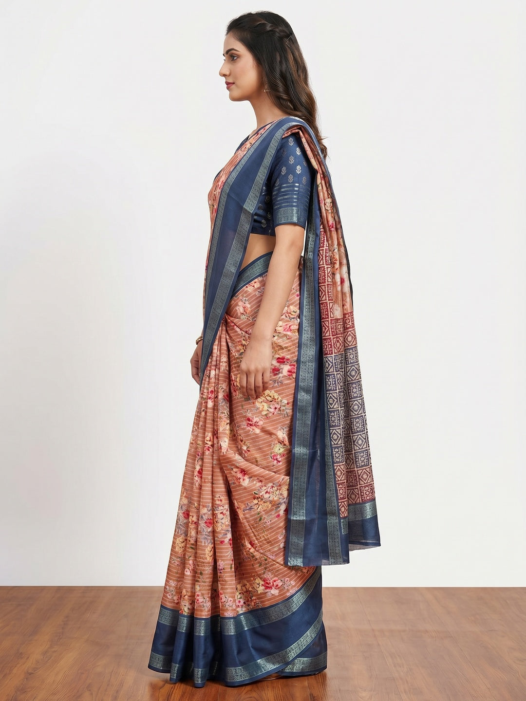 Peach Floral Digital Printed Cotton Silk Saree - Image 2