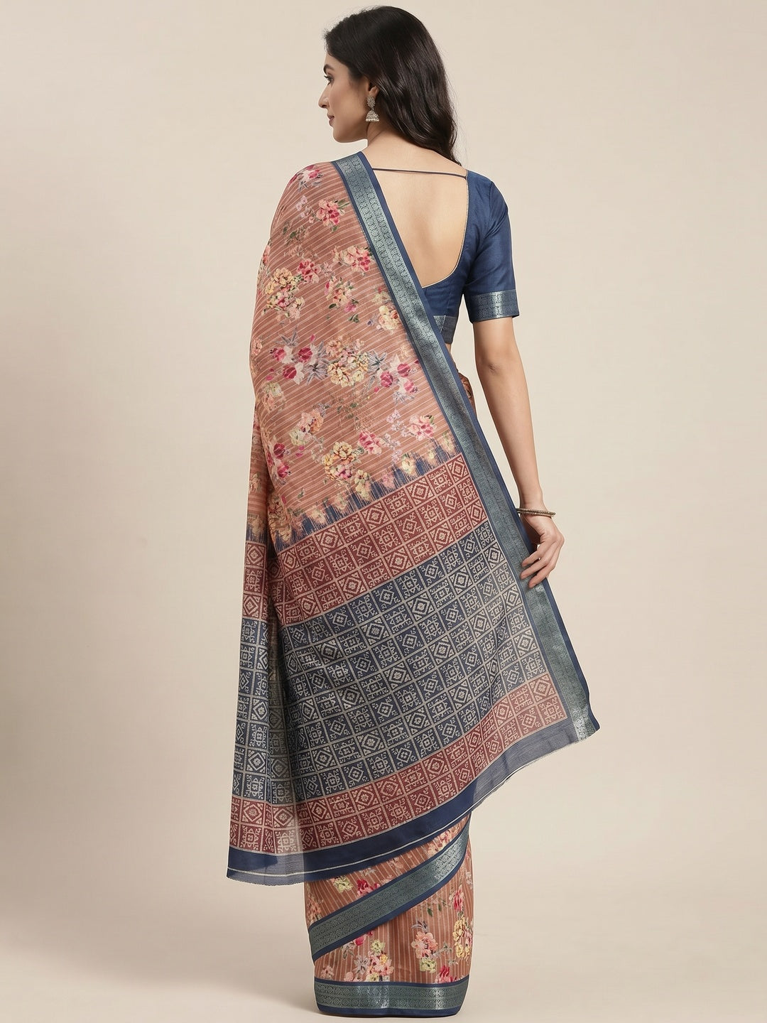 Peach Floral Digital Printed Cotton Silk Saree - Image 3