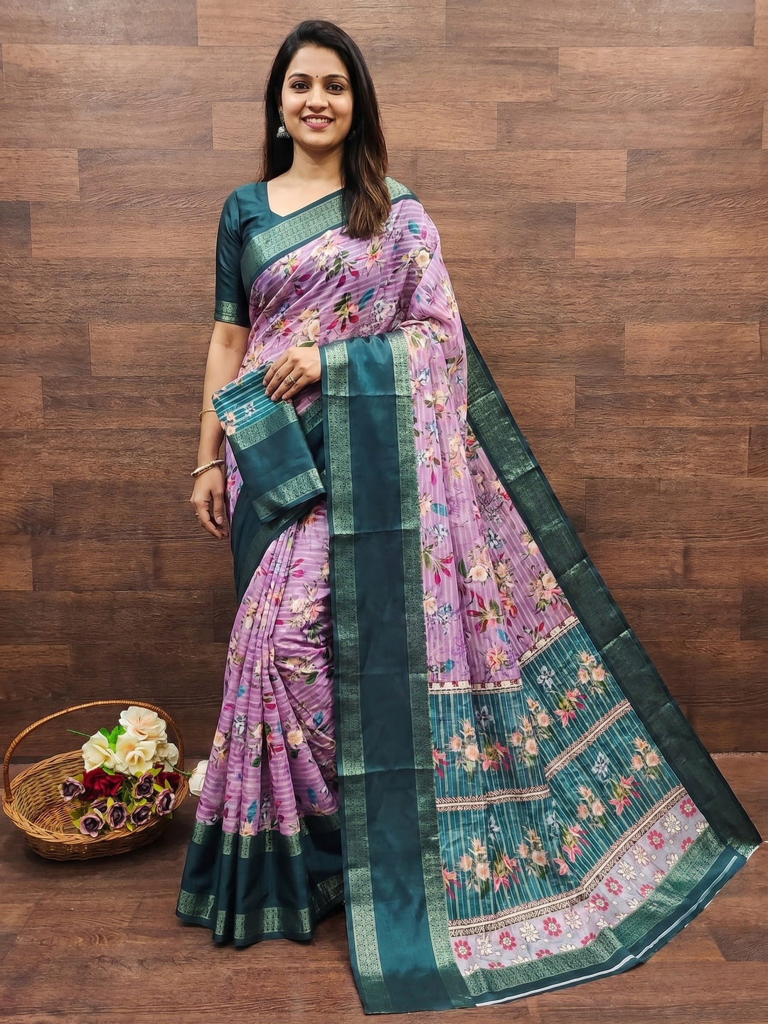 Lavender Floral Digital Printed Cotton Silk Saree - Image 1