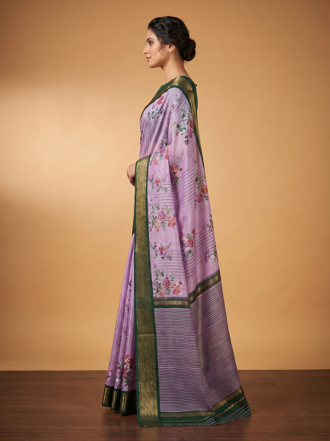 Lavender Floral Digital Printed Cotton Silk Saree - Image 3