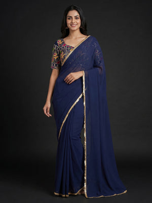 Blue Solid Georgette Saree With Sequins Border - Image 1