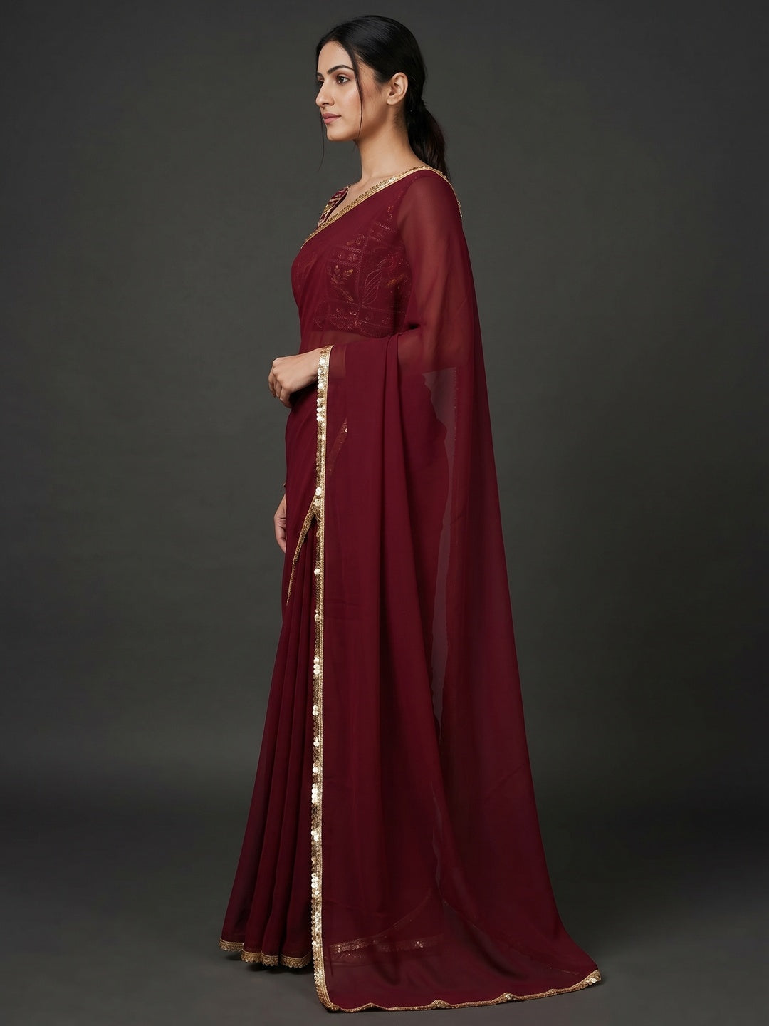 Maroon Solid Georgette Saree With Sequins Border - Image 2