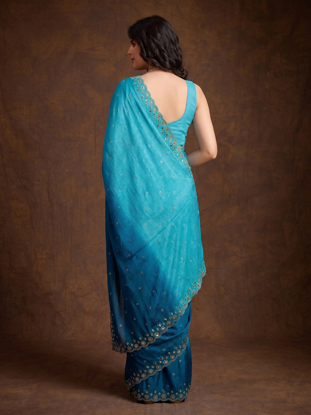 Blue Ombre Chinon Saree With Mirror Border - Image 1