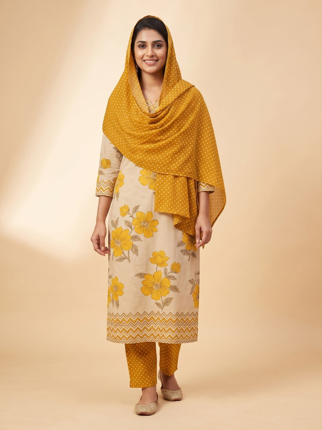 Beige & Mustard Floral Printed Pure Cotton Dress Material - Image 1