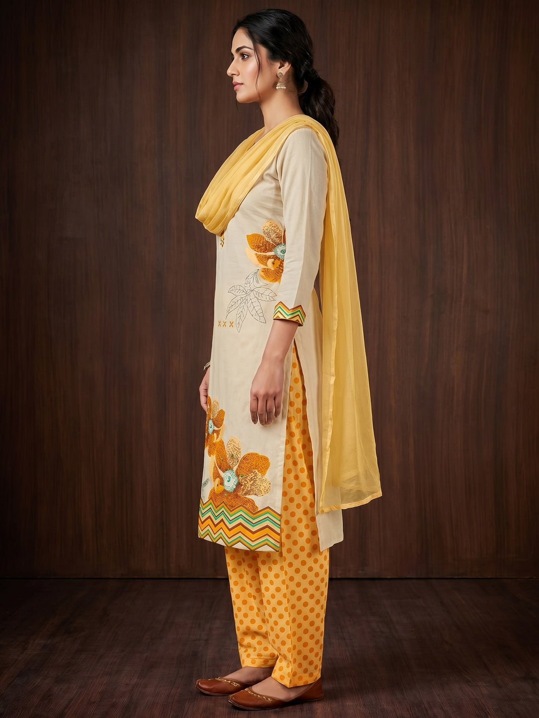 Beige & Mustard Floral Printed Pure Cotton Dress Material - Image 3