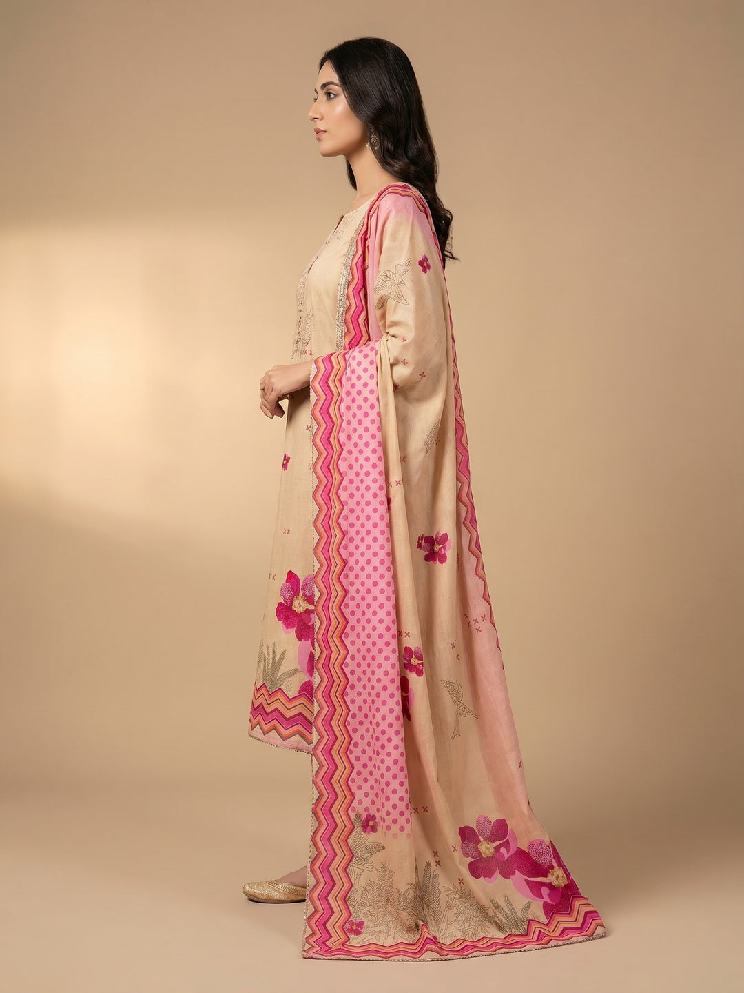 Beige & Pink Floral Printed Pure Cotton Dress Material - Image 3