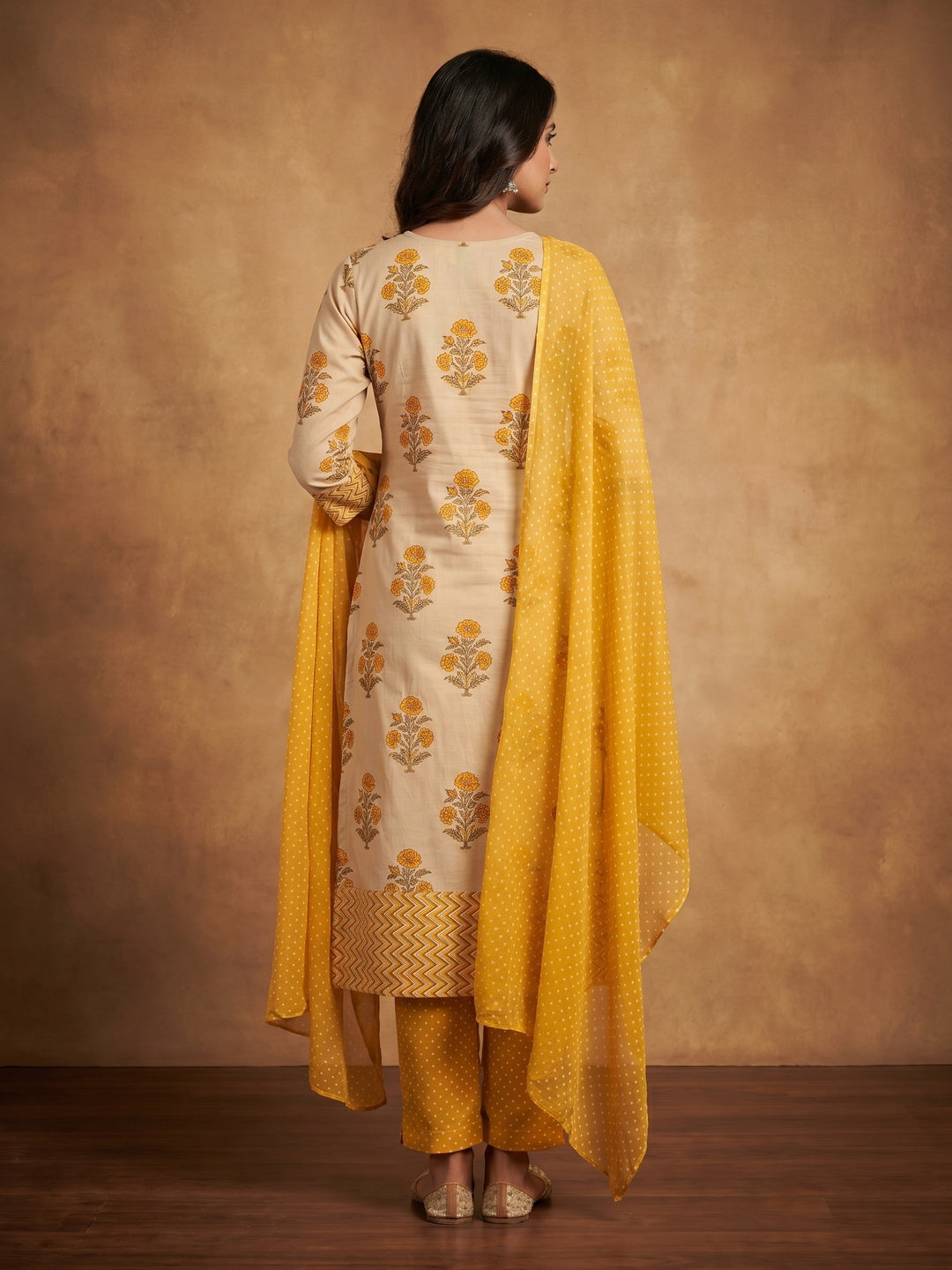Beige & Mustard Floral Printed Pure Cotton Dress Material - Image 2