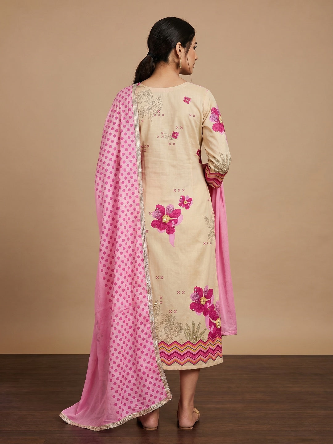 Beige & Pink Floral Printed Pure Cotton Dress Material - Image 2