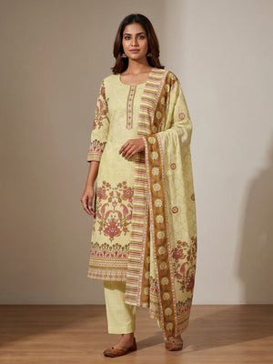 Light Yellow Floral Printed With Stonework Pure Cotton Dress Material - Image 1