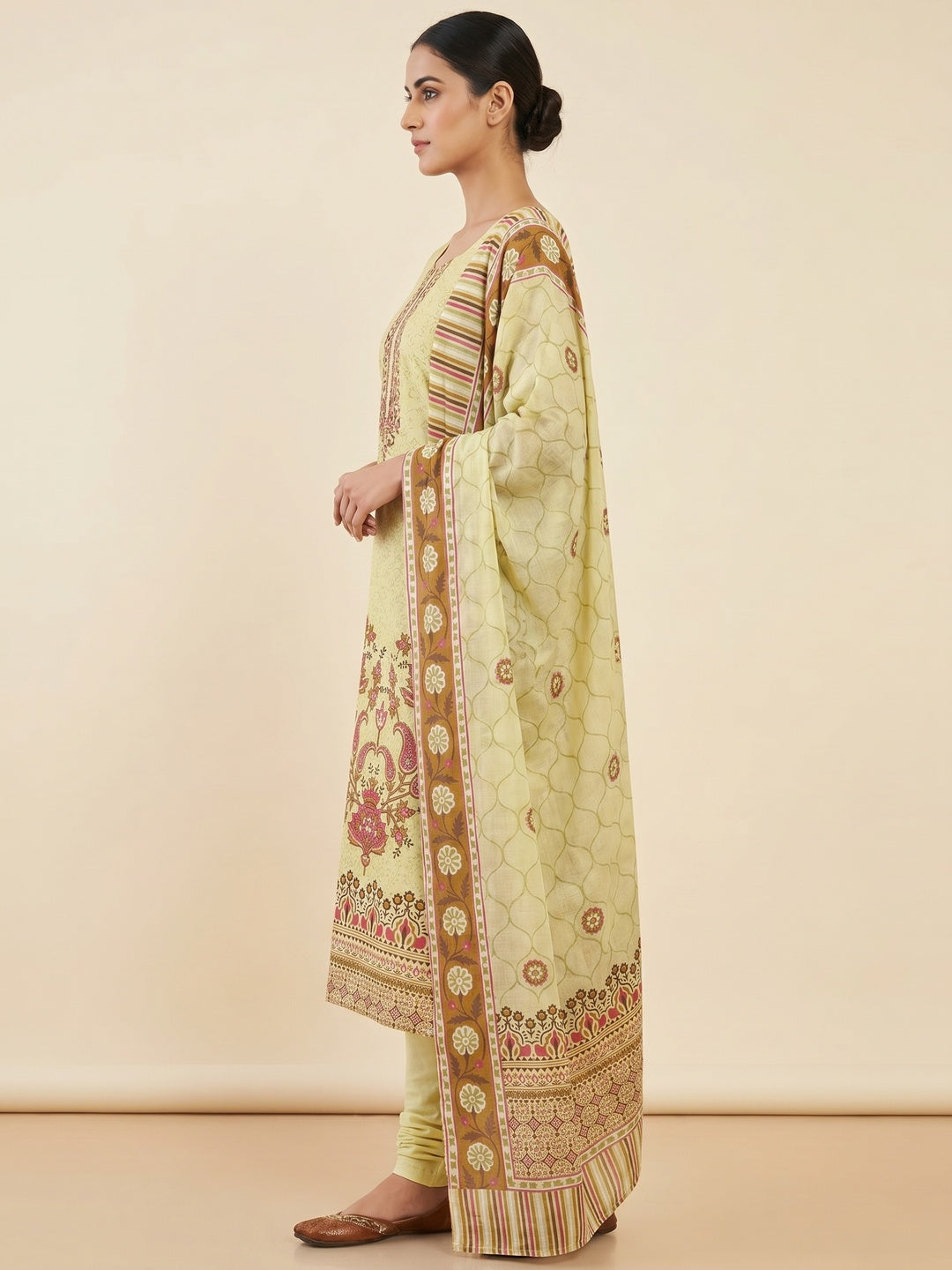 Light Yellow Floral Printed With Stonework Pure Cotton Dress Material - Image 2