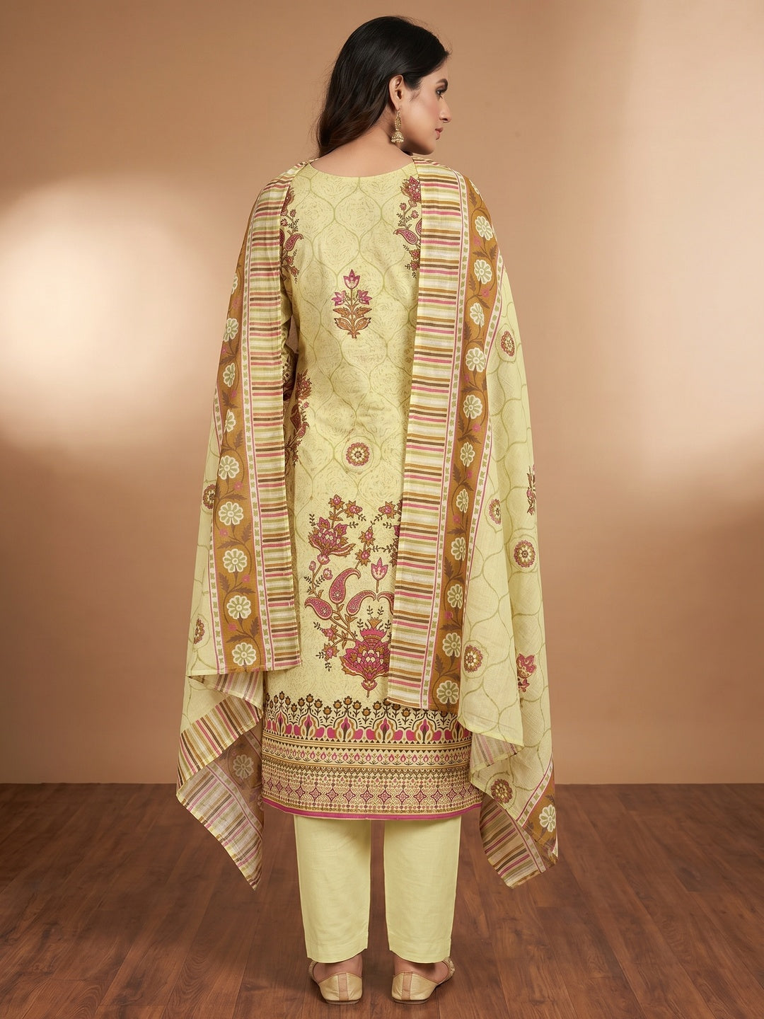 Light Yellow Floral Printed With Stonework Pure Cotton Dress Material - Image 3