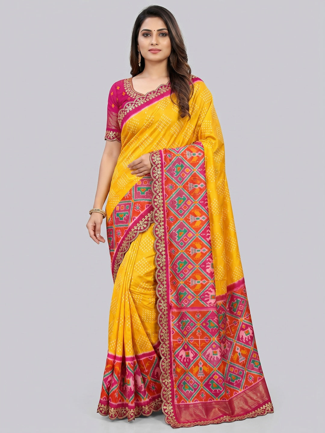 Yellow & Rani Pink Ikkat Foil Printed Silk Saree With Sequins Embroidery Border - Image 1