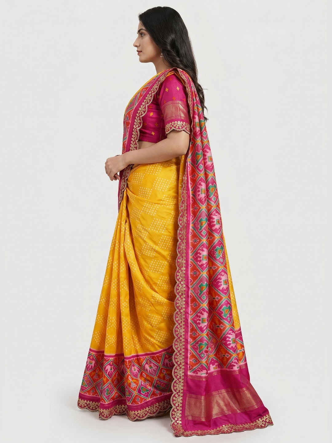 Yellow & Rani Pink Ikkat Foil Printed Silk Saree With Sequins Embroidery Border - Image 2