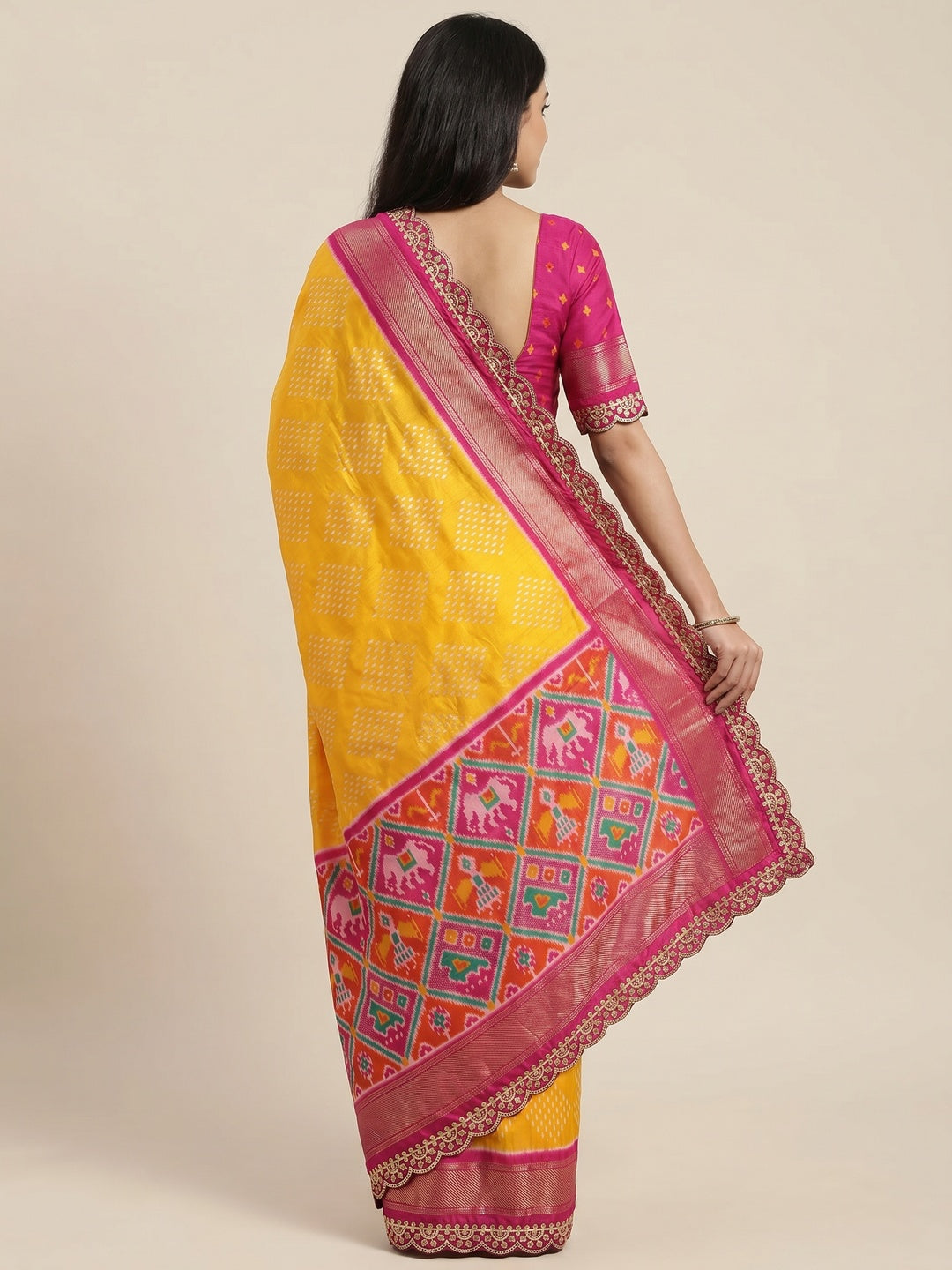Yellow & Rani Pink Ikkat Foil Printed Silk Saree With Sequins Embroidery Border - Image 3