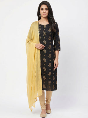 Black Floral Foil Printed Cotton Blend Dress Material - Image 1