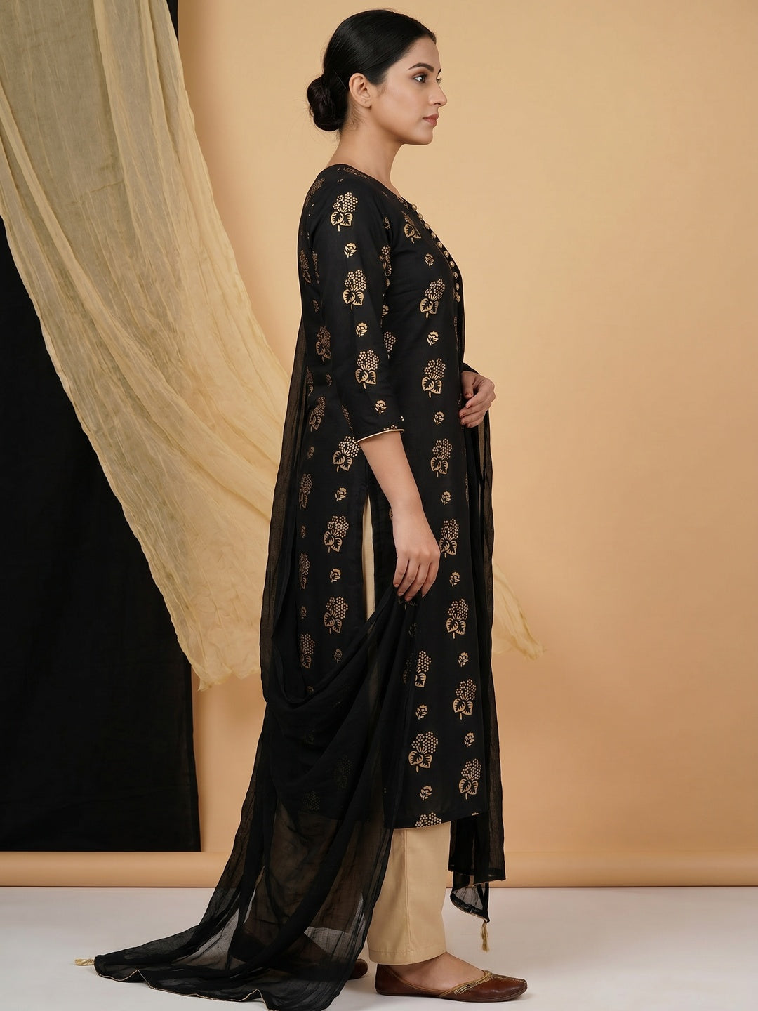 Black Floral Foil Printed Cotton Blend Dress Material - Image 2