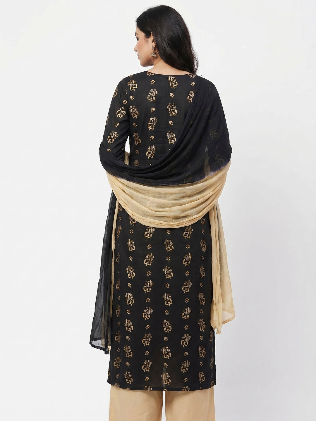 Black Floral Foil Printed Cotton Blend Dress Material - Image 3