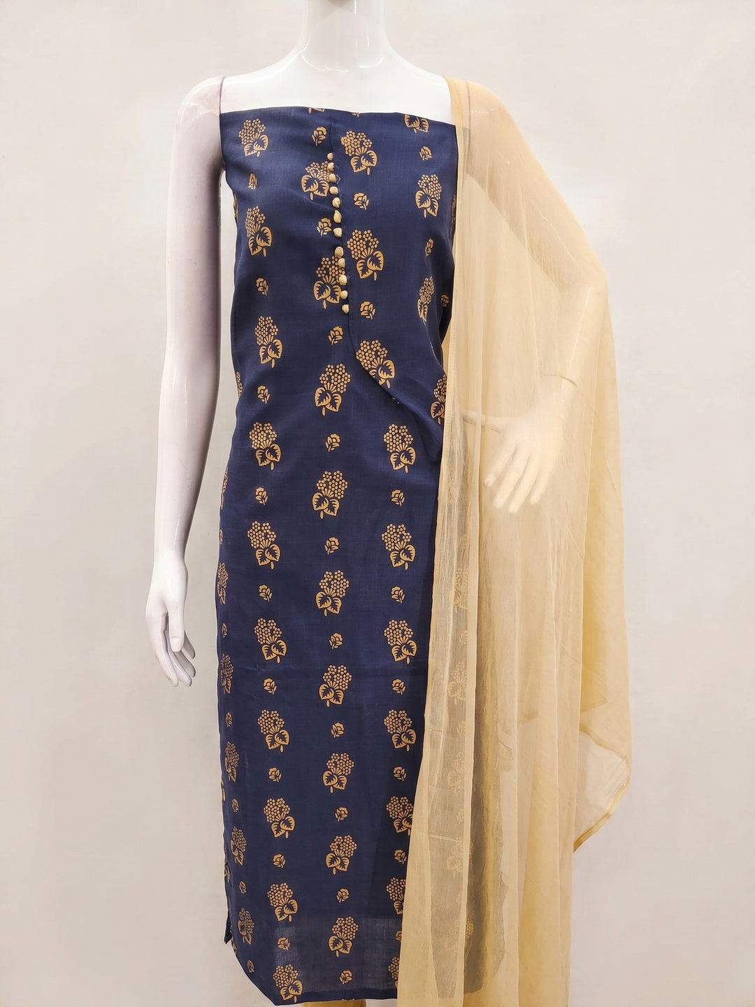 Blue Foil Floral Printed Cotton Blend Dress Material - Image 1