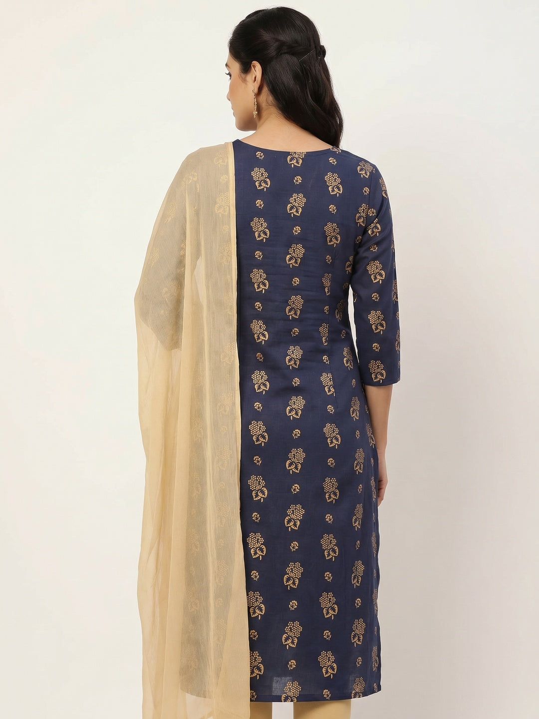 Blue Foil Floral Printed Cotton Blend Dress Material - Image 3