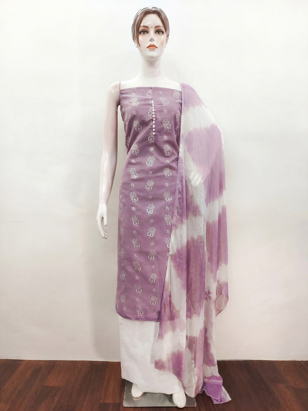 Lavender Floral Foil Printed Cotton Blend Dress Material - Image 1
