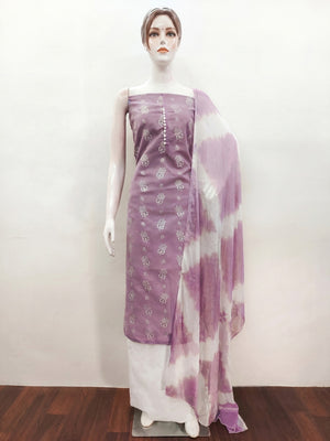 Lavender Floral Foil Printed Cotton Blend Dress Material - Image 1