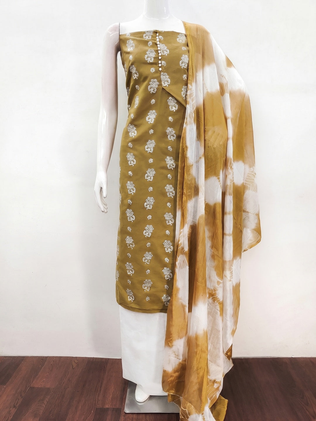 Mustard Foil Floral Printed Cotton Blend Dress Material - Image 1