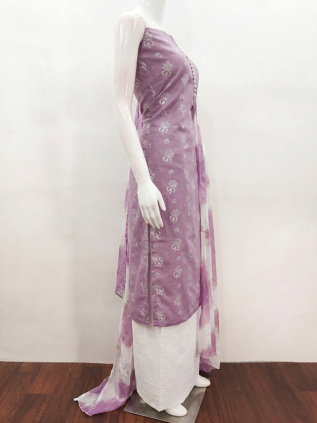 Lavender Floral Foil Printed Cotton Blend Dress Material - Image 3