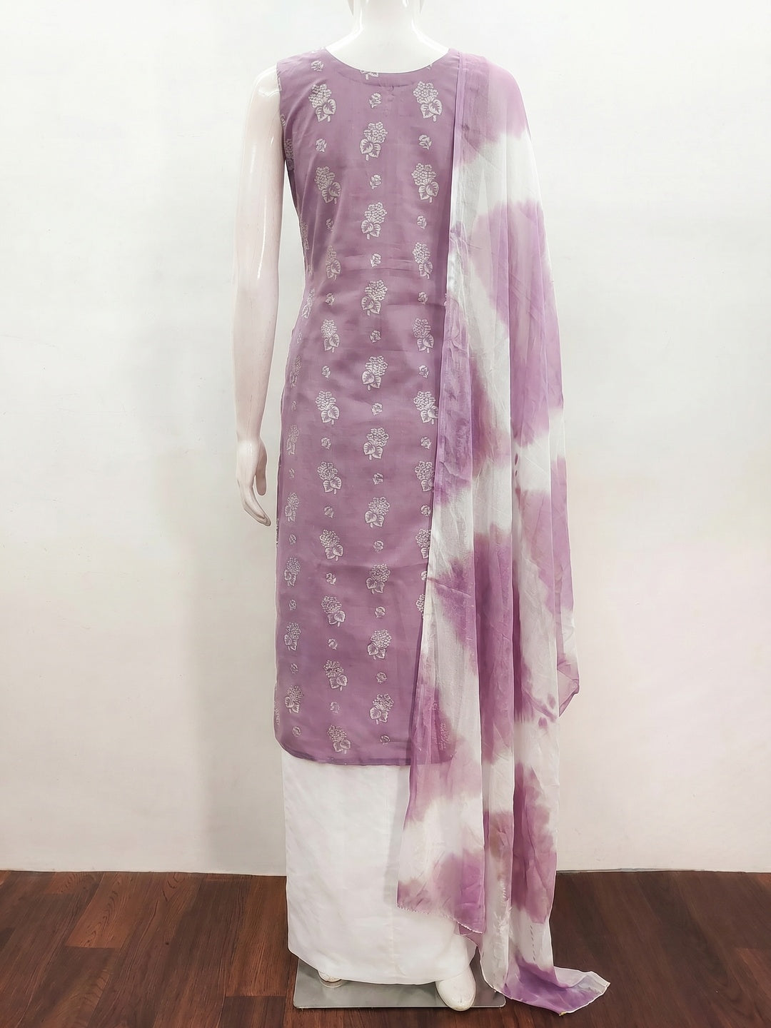 Lavender Floral Foil Printed Cotton Blend Dress Material - Image 2