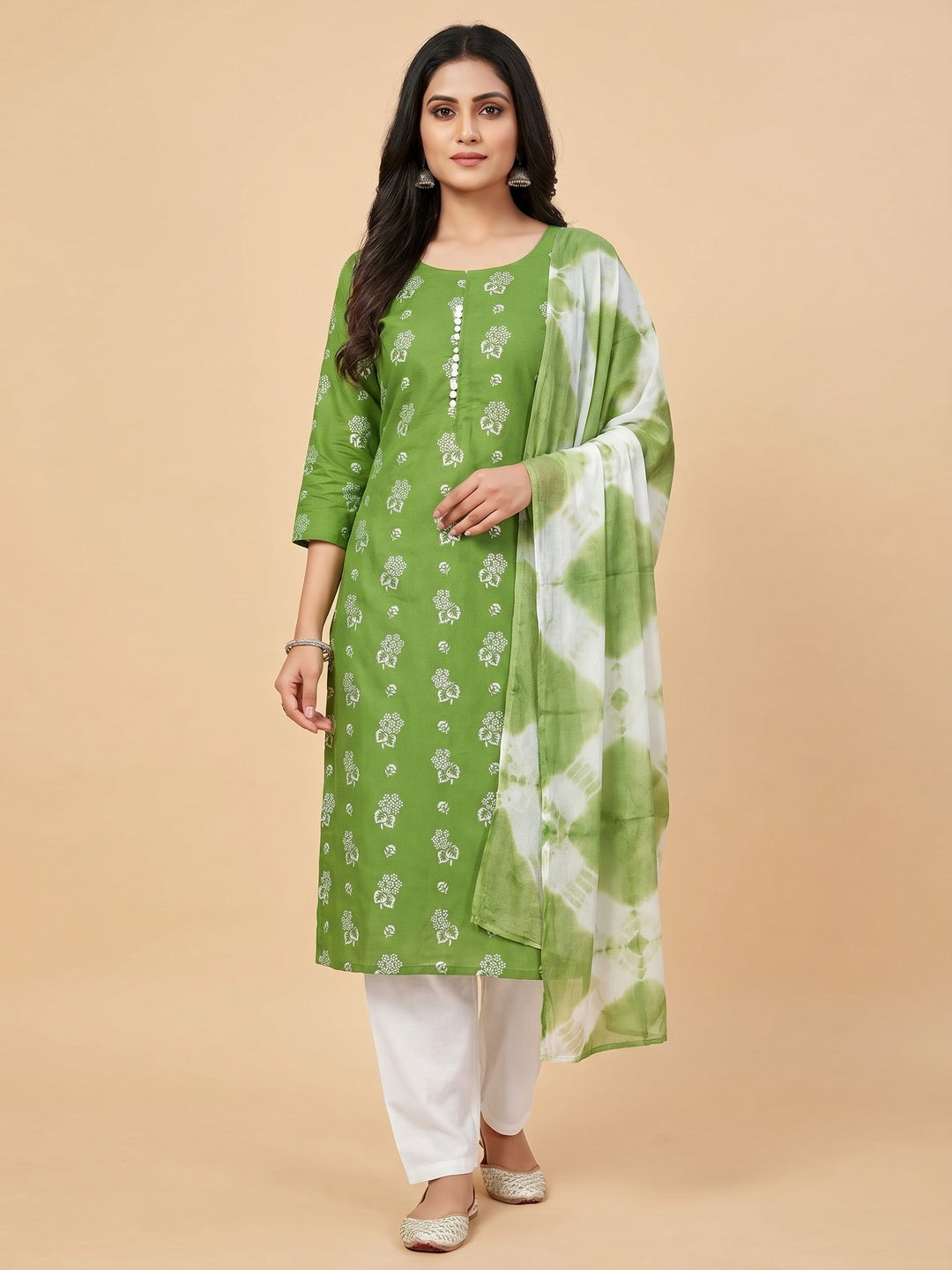 Green Foil Floral Printed Cotton Blend Dress Material - Image 1