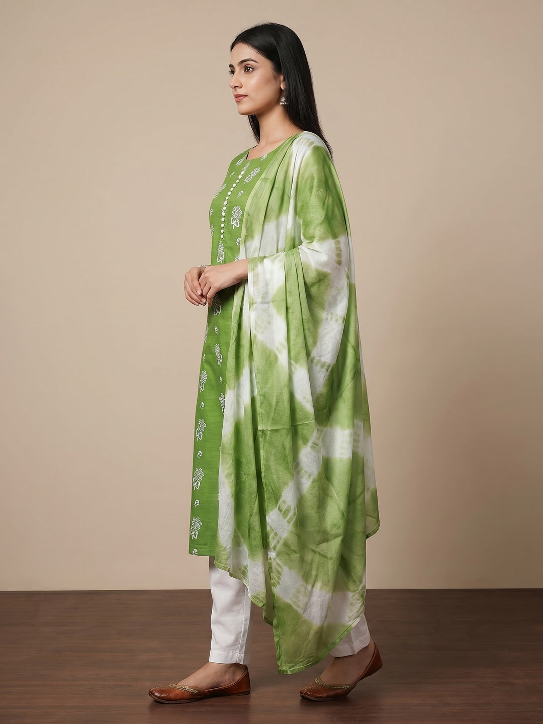 Green Foil Floral Printed Cotton Blend Dress Material - Image 2