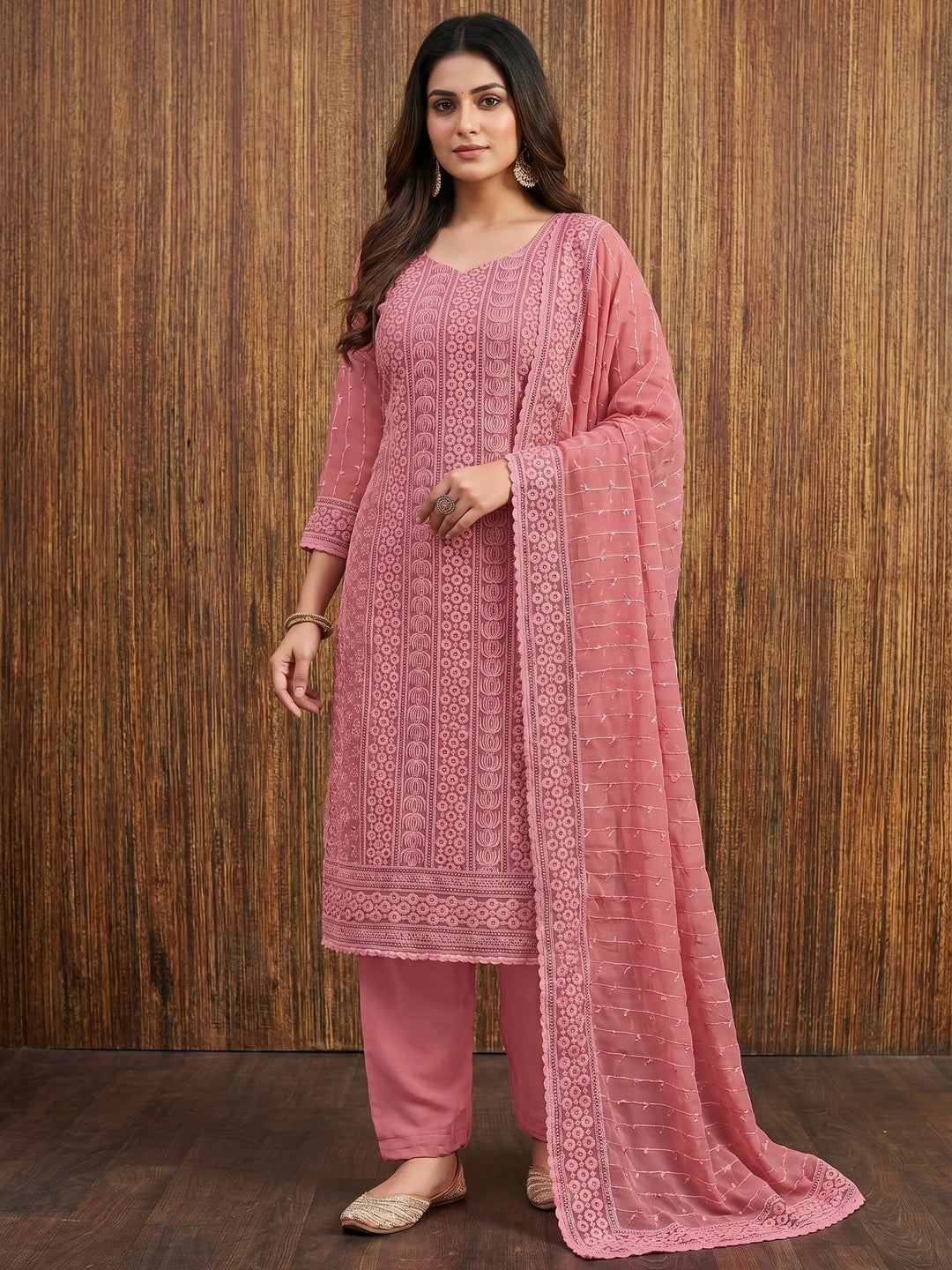 Gajari Pink Sequin Embroidered Georgette Dress Material - Image 1